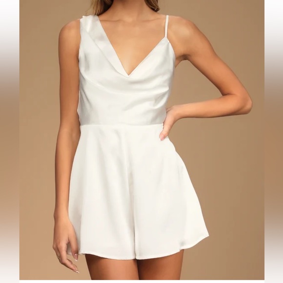 Lulus Likely Lover Ivory Satin Asymmetrical Cowl Neck Romper - Picture 1 of 5